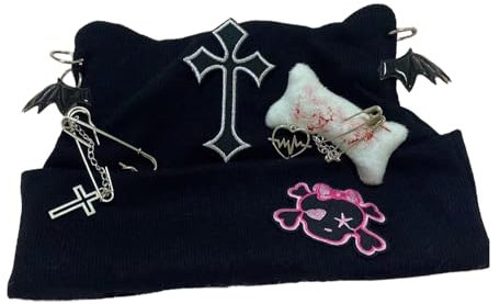 CAT KO Cross Black Beanie Hat Goth Cat Ear Hat Y2K Accessories Grunge Hat Crochet Knitted Hats for Women Girls, Schwarz, Einheitsgröße