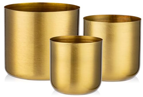 Oairse 3er Set Blumentöpfe aus verzinktem Stahl perfekt für Moderne Dekoration und Pflanztöpfe, Dekorativen Zink Töpfen drinnen und draußen, Gold