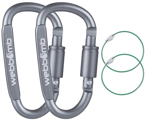 WEBBOMB® 2X Karabiner Haken mit Schraubverschluss 8cm Schraubkarabiner + 2X Drahtseil Schlüsselringe Karabinerhaken für Camping Wandern Sport Schlüsselanhänger