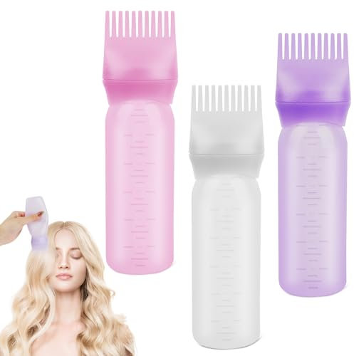 UKOFEW 3 Pièces Flacons Applicateurs Huile Cheveux,160 ml Flacon Applicateur de Peigne de Racine Avec Échelle Graduée,Applicateur d'huile Capillaire pour Les Colorations Capillaires(Rose/Blanc/Violet)