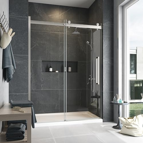OVE Decors Bel 60-in W x 81-in H Frameless Sliding Shower Door Alcove Shower Kit, Shower Base Included in Satin Nickel