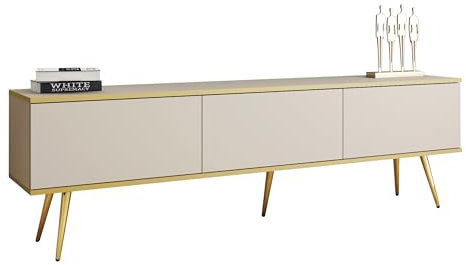 Mirjan24 TV Lowboard Orenate 175 mit Füße, Griffloses Öffnungssystem, 3 Klappe/Tür, TV Board Sideboard, Unterschrank, Fernsehschrank, TV Tisch, Fernsehtisch (Beige/Beige + Gold)