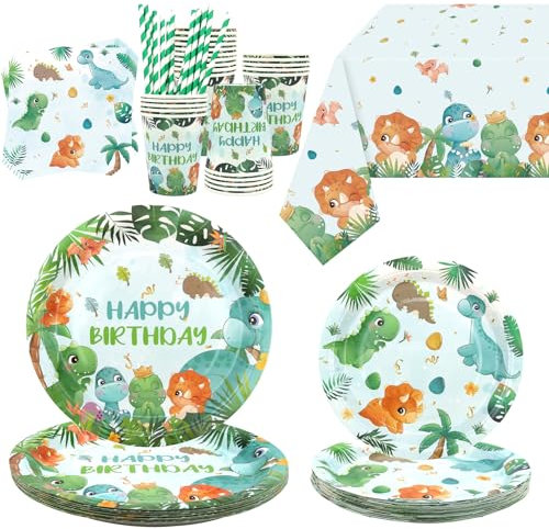 Lilwemen Decoración de fiesta de cumpleaños de dinosaurio, incluye platos, mantel, servilletas, vajilla, accesorios de fiesta de dinosaurios para niños y niñas
