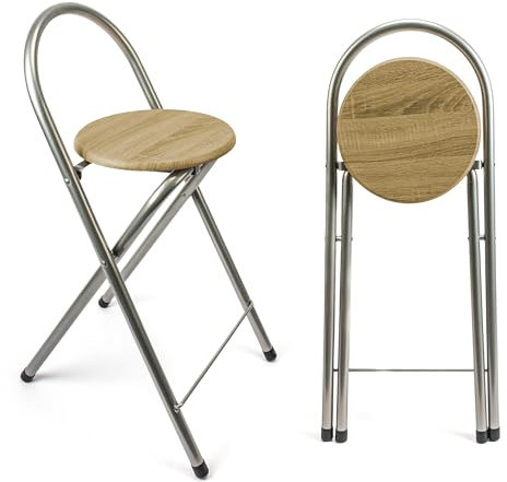 BESCH Taburete Plegable Alto 45x38x80cm con Respaldo - Silla Plegable de Metal y con Base de Madera Natural Ideal para Cocina, Salón, Bar (45x38x80cm, Base Color Haya)