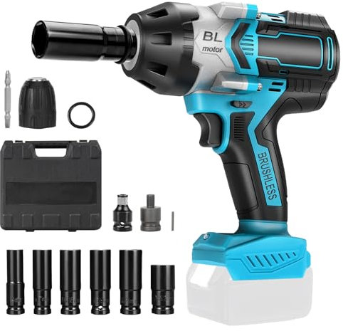 1000Nm Akku Schlagschrauber Kompatibel mit Makita 18V Batterie, 1/2 Zoll Bürstenloser Schlagschrauber Schraubenschlüssel mit 6 Stecknüsse für Auto Reifenwechsel (ohne Akkus und Ladegerät)