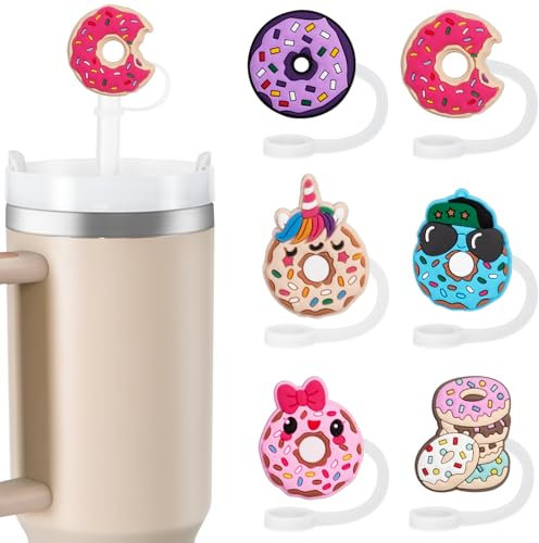 yomanta Tapas de Pajitas para Stanley Cup, 10mm a Prueba de Polvo Tapas de Pajitas de Silicona, para vaso Stanley 40/30 Oz Accesorios-Donuts