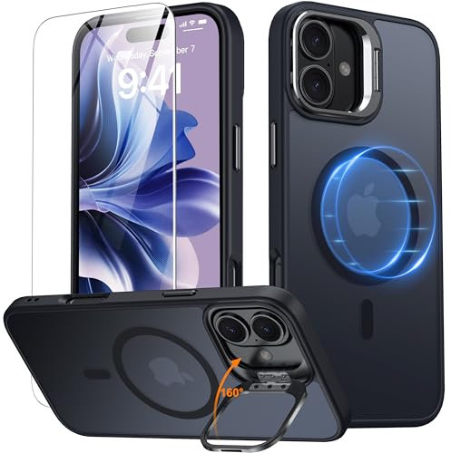 Oterkin Magnetic & Stand for iPhone 16 Plus Case with 9H Screen Protector[Fit for Magsafe][Lens Metal KickStand][Colorful Frame] Translucent Matte Back Shockproof Phone Case for iPhone 16 Plus, Black