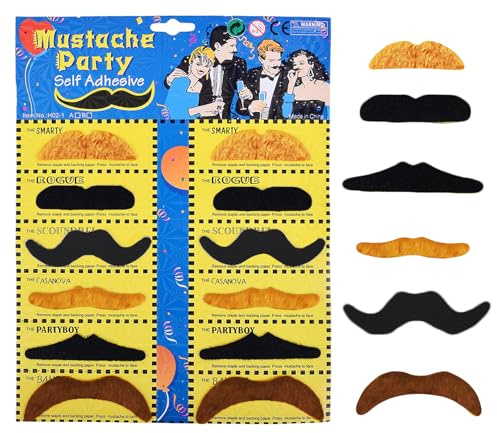 Selbstklebender künstlicher Schnurrbart-Set, realistische Gesichtshaarrequisite, 12 Stück | Sofort aufklebbares Kostüm Gesichtszubehör; Verschiedene Partyverkleidungsstile; Für Theateraufführungsspaß