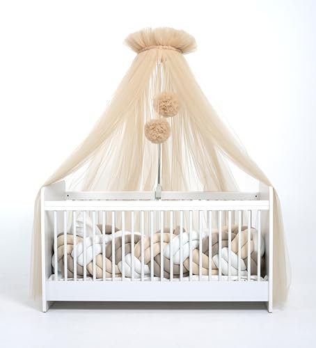 Ciel de Lit Bébé en Tulle - Moustiquaire et Décoration de Chambre d'Enfant - Baldaquin 165 cm de Long Avec Pompons