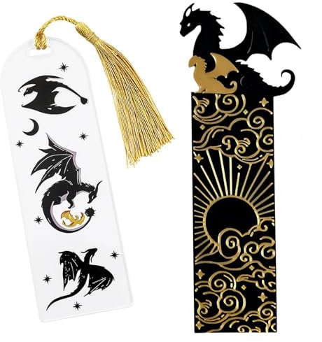 Qaestuan 2 Stück Schwarz Gold Cool Dragon Bookmark, Drachen Lesezeichen Mit Sonne und Wolken, Acryl Lesezeichen, Vintage-Lesezeichens, für Buchliebhaber Freunde Familie Lesebegeisterte, Geschenk