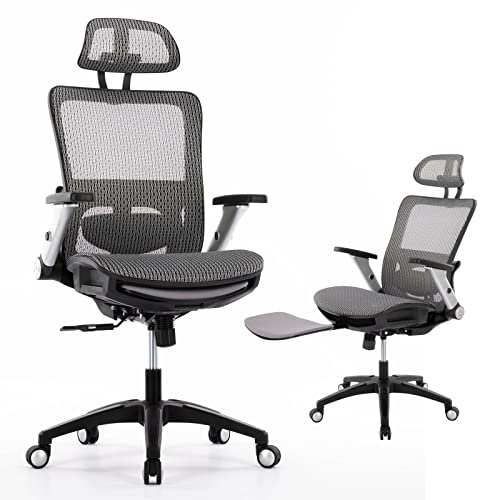 COLAMY Ergonomic Mesh Office Chair with Footrest, High Back Computer Chair with Lumbar Support, 4D Flip-up Armrests, Adjustable Headrest, Tilt Lock, Desk Chair for Home Office, Grey