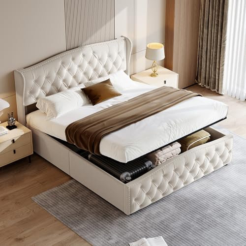 GisooM Cama tapizada de 140 x 200 cm, cama doble con almacenamiento, cama queen size con somier, sin colchón, forma de oreja con doble fila de remaches de franela, color beige