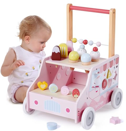 labebe Lauflernwagen holz, Holzspielzeug-Eiswagen für Kinder, Eiscreme laufhilfe für baby ab 6 monate