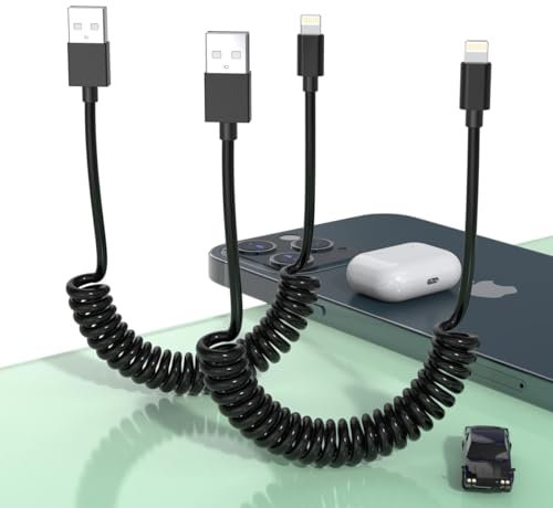 2Pack CarPlay USB iPhone Coiled Lightning Charging Cable for Car/Uber,3Ft Apple Short Charging Cord Sync Data Retractable Charger Adapter Connector for iPhone 15/14/13/SE/Xr/iPad/AirPods[MFi Certified