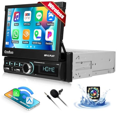 CAMECHO 1Din Autoradio con Eléctrico Extensible Pantalla Táctil HD Inalámbrica Carplay, 7 Pulgadas Pantalla Radio Bluetooth con Android Auto FM/RDS Manos Libres Mirror Link SWC +Cámara Trasera