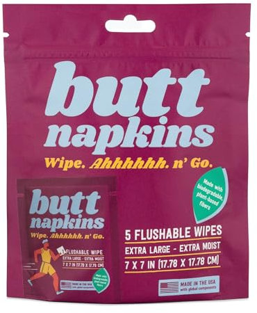 Butt Napkins - Water-Based Flushable Wipes, Individually Wrapped, For On-The-Go & Travel, Running, Camping, Festivals. Unscented & Hypoallergenic, Adult Sized (Running, 5 Count (Pack of 1))