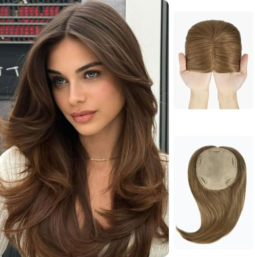 Zakya Echthaar Topper Damen - 15,2X16,5CM Basis Haartopper für Frauen - Toupet Damen 130% Dichte - 12 Inch Haarlänge - Mittellichtbraun 6#