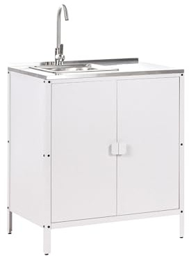 Beliani Cocina Exterior de Acero con Fregadero Monomando 2 Puertas en Acero Inoxidable Blanco Vilama