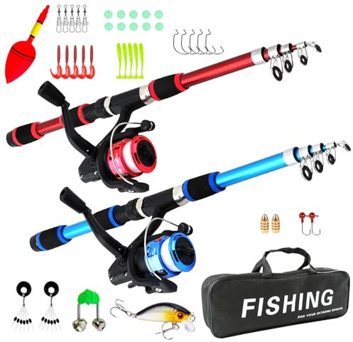 Behogan Kinder Angelset: 2 Teleskop-Angelruten 180 cm, Spinnrollen, Angelschnurköder, Angelausrüstung Tasche für Kinder Reisen