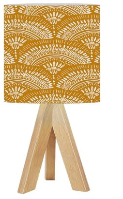 DERUINVAIO Bedside Table Lamp Tripod Desk Lamps for Living Room Bedroom Seamless Abstract Bohemian Geometric White Mustard Yellow Wooden Base Lampshade Kids Small Light Reading Nightstand Shades