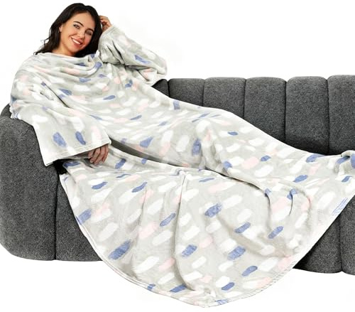 Winthome Blanket with Sleeves, Gift for Women Men Adult, Soft and Cozy Wearable Blanket with Elastic Cuffs, Hook and Loop Fastener (Printed Blue, 140x180cm)