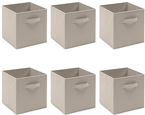Redd Royal Pack of 2/4/6 Non-Woven Fabric Unit Storage Cubes Boxes Foldable Collapsible Storage Organizer Basket Bins with Handle for Wardrobe Clothes Toys Bedroom Living Room (Beige, Pack of 6)
