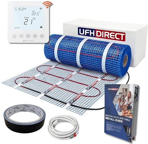 UFH Direct Professional Electric Underfloor Heating mat kit 200w per m² - Lifetime Warranty - Ultra-Thin PTFE Cable, Self-Adhesive Mesh - Choose Thermostat with Floor Probe
