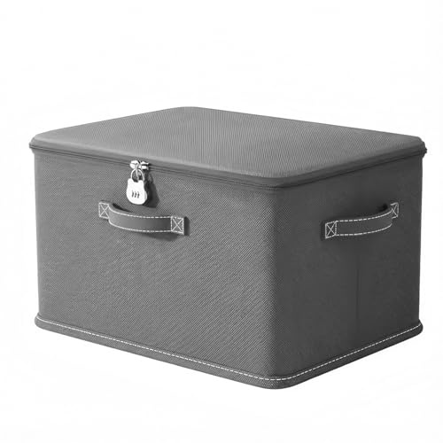 AUFIKR 1-Pack Lockable Storage Box with Combination Lock, Collapsible Fabric Organiser Box with Lid for Clothes, Toys, Medicines, Under-Bed Storage Organizer (Grey, 32 x 24 x 18 cm)​