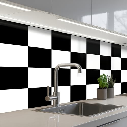 KitchenYeah© Splashback for kitchen 32x59 / 80x150 cm self-adhesive Sink Splash Splatter Guard Splashbacks Walls Chessboard - Patterns - Black and White