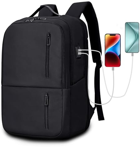 KINGSLONG 17 Zoll Laptop Rucksack: Wasserdichtes Handgepäck Business Rucksack für Herren/Damen mit USB-Anschluss für Unterwegs schwarz 3