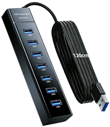 Hub USB 3.0 con 7 Puertos de Alta Velocidad - Multiplicador USB con Cable 1.2m,Concentrador usb3.0 Multi USB para PC y Laptop,Multipuerto 5Gbps Compatible con Discos Duros,Unidades Flash y Más