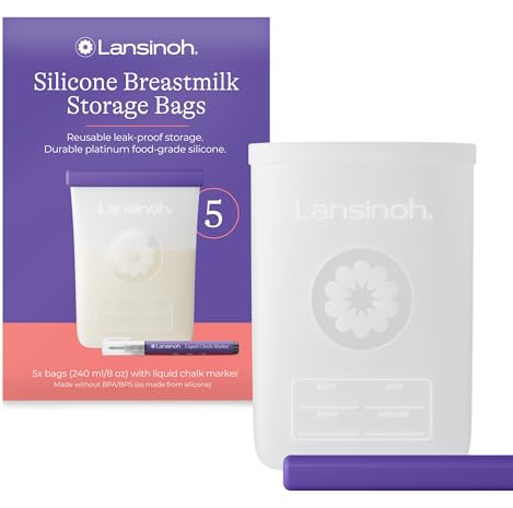 Lansinoh Silicone Breast Milk Storage Bag - 5 x 240 ml - with Chalk Marker | Leak-Proof with Wide Opening, Double Seal - Reusable Milk Storage Bags for Fridge/Freezer - Breastfeeding Essentials