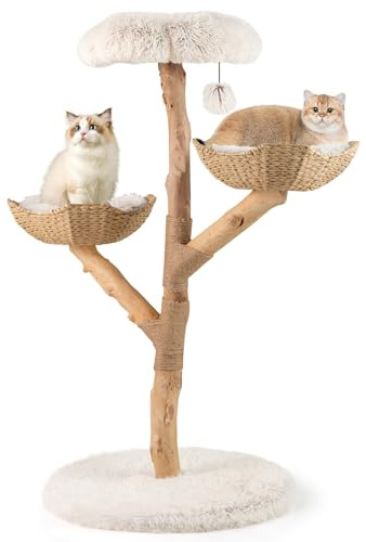 COSTWAY Wooden Cat Tree, Multi-Layer Cats Tower with Jute Scratching Posts & Top Perch, Modern Cat Activity Center for Indoor Cats Kittens (61 x 61 x 122cm, White)
