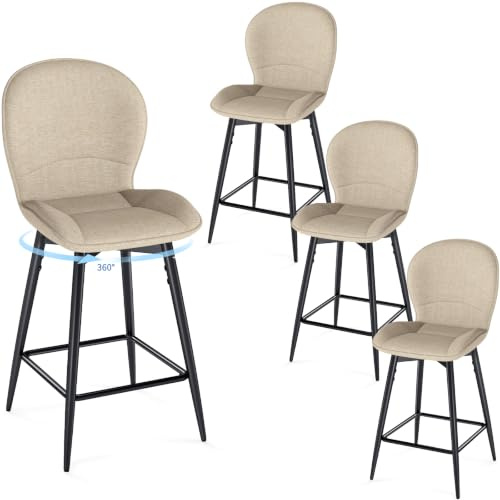 LEWE Lot 4 Tabourets de Bar 65cm, Chaise de Bar Pivotante, 4 Pieds, Kaki | Tabourets Hauts de Cuisine, Dossier Rembourré en Tissu, Repose-Pieds Métallique, Scandinave Moderne pour Îlot de Cuisine bar