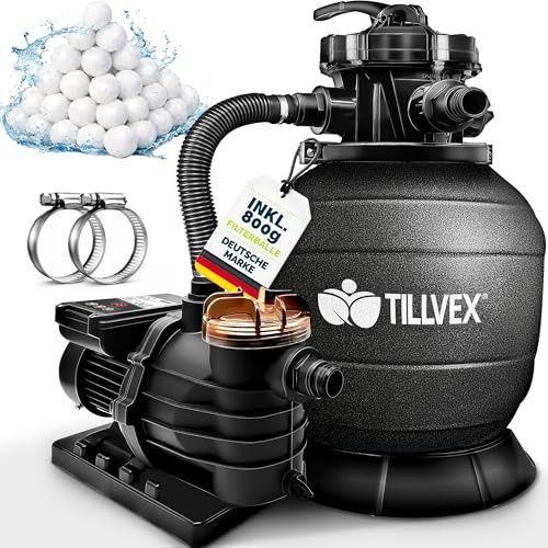 tillvex® Sandfilteranlage Pool mit Timer 10 m³/h + 800g Filterbälle | Filteranlage inkl. 7-Wege Ventil & 2in1 Adapter Ø32 - 38mm | Poolfilter mit Druckanzeige & Pumpe | Sandfilter Selbstansaugend