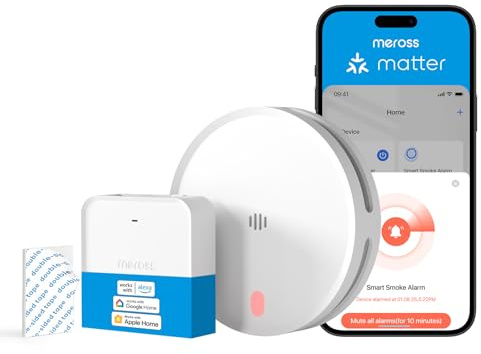Meross Matter Détecteur de Fumée Connecté, 1 Pièce avec Hub MSH450 | Alarme Incendie intelligente Wi-Fi avec double capteur optique, Détecteur Fumée avec Alerte APP, maillage 0,8 mm, 33 mm