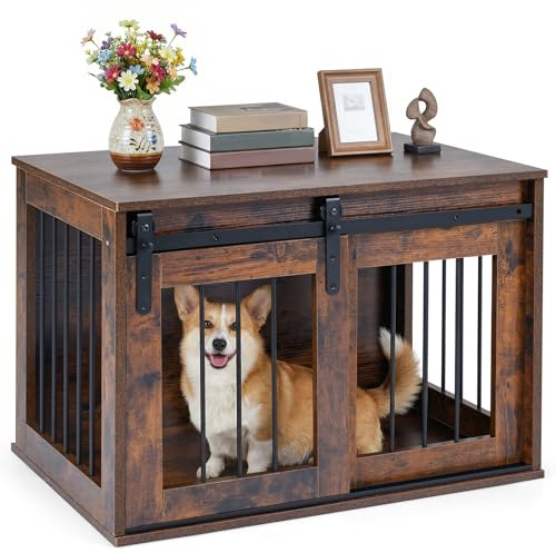 COSTWAY Hundekäfig Möbel, 80 cm Hundebox mit Schiebetür & Metallrahmen, Hundeschrank Holz für Wohnzimmer, Schlafzimmer & Flur, dekorativer Beistelltisch für kleine & mittelgroße Hunde (Rustikal Braun)