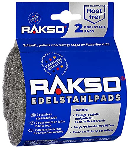 RAKSO Edelstahlpads extra - fein, 2 Pads rostfrei, Edelstahlwolle, Oberflächenbehandlung im Nassbereich, reinigt, schleift, poliert