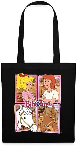 Spreadshirt Bibi Und Tina Mit Amadeus Und Sabrina Kachelmotiv Stoffbeutel, One size, Schwarz