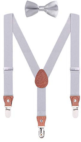 WANYING Hosenträger Fliege Set für Kleinkind Kinder Jungen Mädchen 3-8 Jahre alt Y Form 3 Clips Breite 2,5cm Elastische Hosenträger - Einfarbig Hellgrau