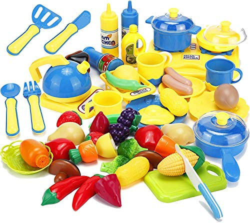 koolbitz 43 PCs kitchen toys for Toddlers Cooking Toys Dinner Set Cutting Fruits Vegetables Pretend Play Food Playset With Cookware Utensils Stove Toys Kids Girls Boys Gifts Learning Early Education