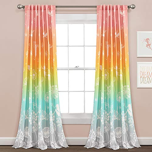 Lush Decor Dandelion Fairy Ombre Window Curtain Panel, Pair, 52W x 84L, Pastel Rainbow - Whimsical Floral Fantasy Curtains for Kids Room