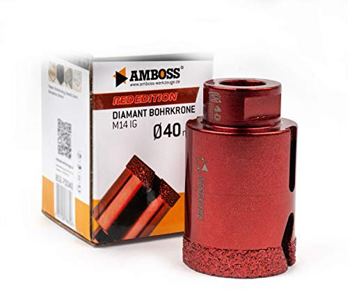 Diamant Bohrkrone Ø40mm - Amboss RED EDITION M14 - für Winkelschleifer - Feinsteinzeug, harte Fliesen, Granit - Die ideale Trockenbohrkrone