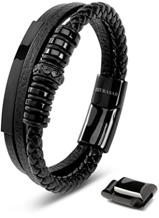 SERASAR Armkette Herren 23cm Schwarz Gold Männer Armband Leder Armreif Herrenarmreif Armschmuck Schmuck Herrenschmuck Flecht Wickelarmband Armbändchen Men Leather Bracelet