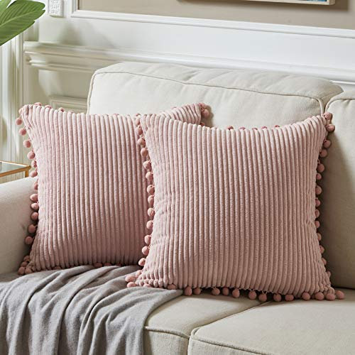 Fancy Homi 2 Stück Boho Big Dekorative Wurfkissenbezüge 26x26 mit Pom-Poms Weicher Cord Solide Quadratische Kissenbezüge für Couch Sofa Schlafzimmer Auto Wohnzimmer (66x66cm), Blush Pink)