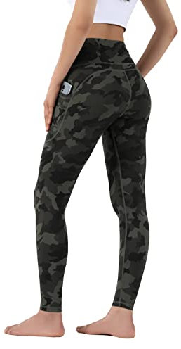 Leovqn Damen Sport Leggings Hohe Taille Blickdicht Yoga Hosen mit Taschen für Sports Laufen Joggen Training Freizeitkleidung Dark Olive Camo M