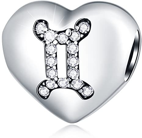 Gemini Zodiac Sign Charms, fits Pandora Birthday Bracelet, 925 Sterling Silver Heart Beads I Love My Constellation with CZ, Gem Star Horoscope Gifts for Wife/Husband/Dad