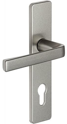Vachette KAZA - Set di maniglie per porta su piastra con chiave I per porta cuscinetto, interasse 165 mm - facile da applicare - in alluminio - piastra rinforzata con sottopiastra - argento - garanzia
