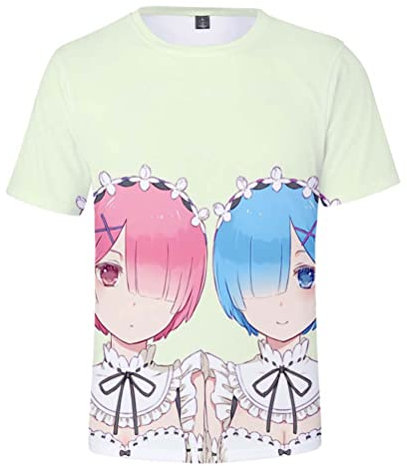 Anime Starting Life in Another World Remu Ramu Kurzarm T-Shirt 3D Bluse Hemd Tee Shirt Top Cosplay Kostüm Grün M (Chest 100cm)