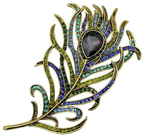 Broche en forme de plumes de paon en cristal - Style bohème - En émail - Style vintage - Accessoire de mode pour les vêtements